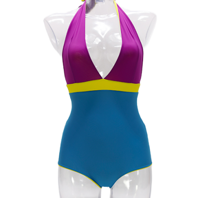 Audrey violet lime and cobalt reversible tricolour one-piece swimming costume.