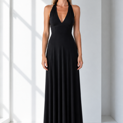 Abito lungo nero halter in lycra Grace da donna