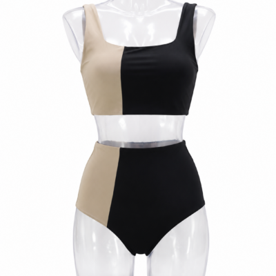 Bikini Melody bicolore nero e sabbia con slip a vita alta vista frontale
