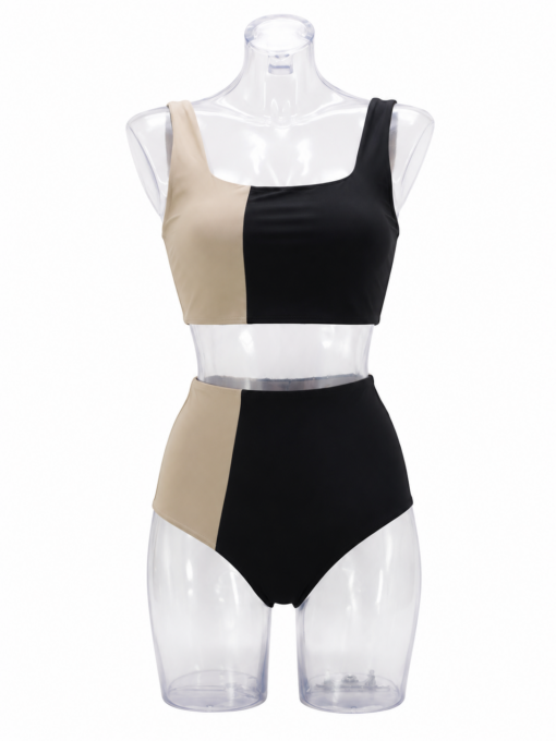 Bikini Melody bicolore nero e sabbia con slip a vita alta vista frontale