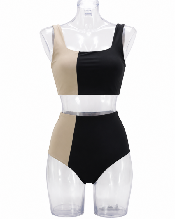 Bikini Melody bicolore nero e sabbia con slip a vita alta vista frontale