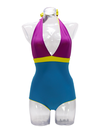 Audrey violet lime and cobalt reversible tricolour one-piece swimming costume.